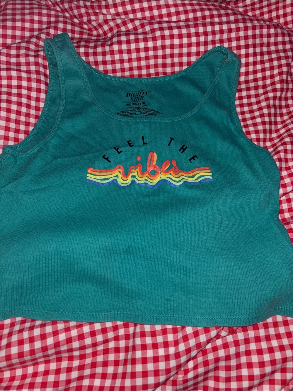 2X Mighty Fine Teal Crop Tank with Rainbow 'Vibes' Graphic